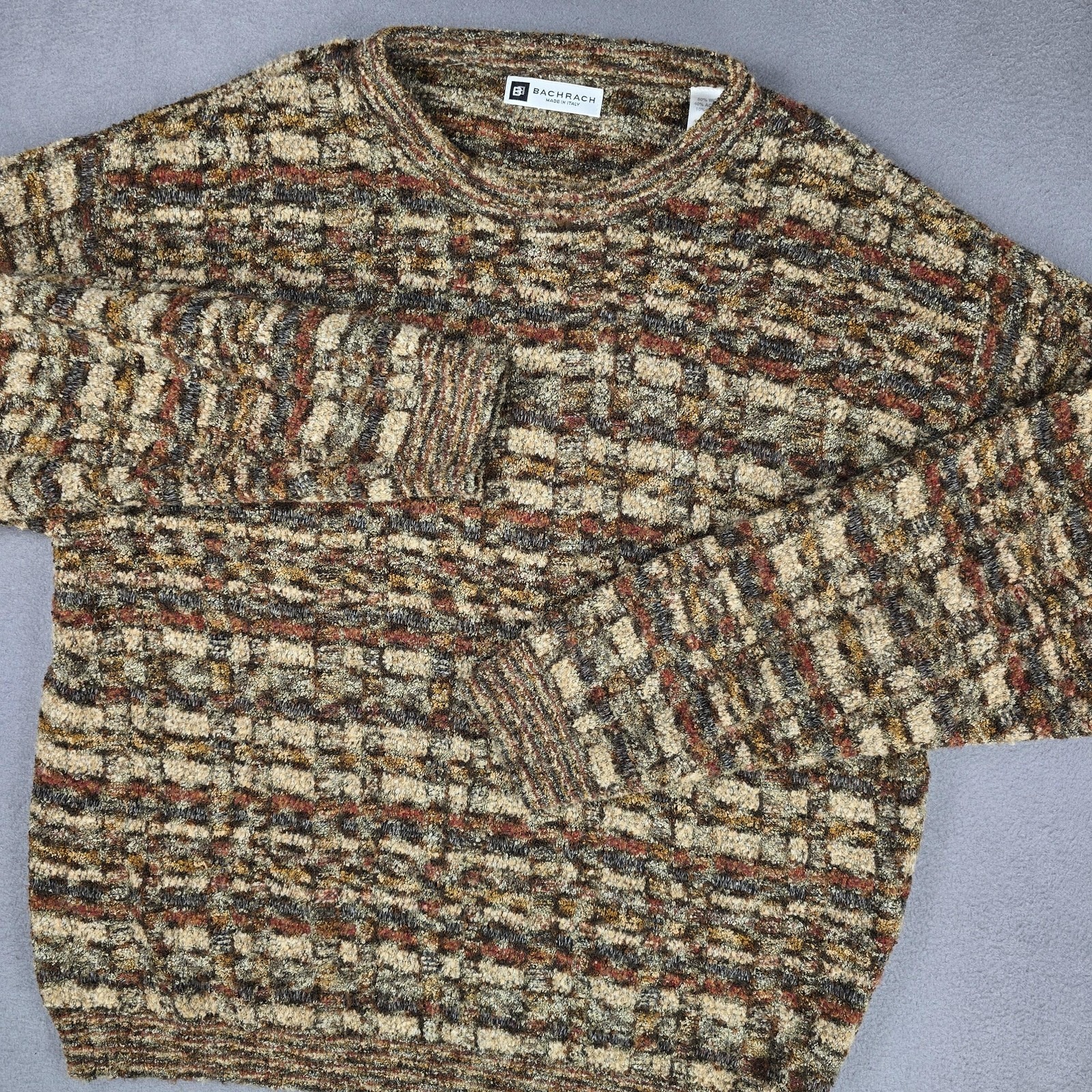Bachrach Sweater Mens Medium Brown Geometric Knit Wool Pullover Made Italy
